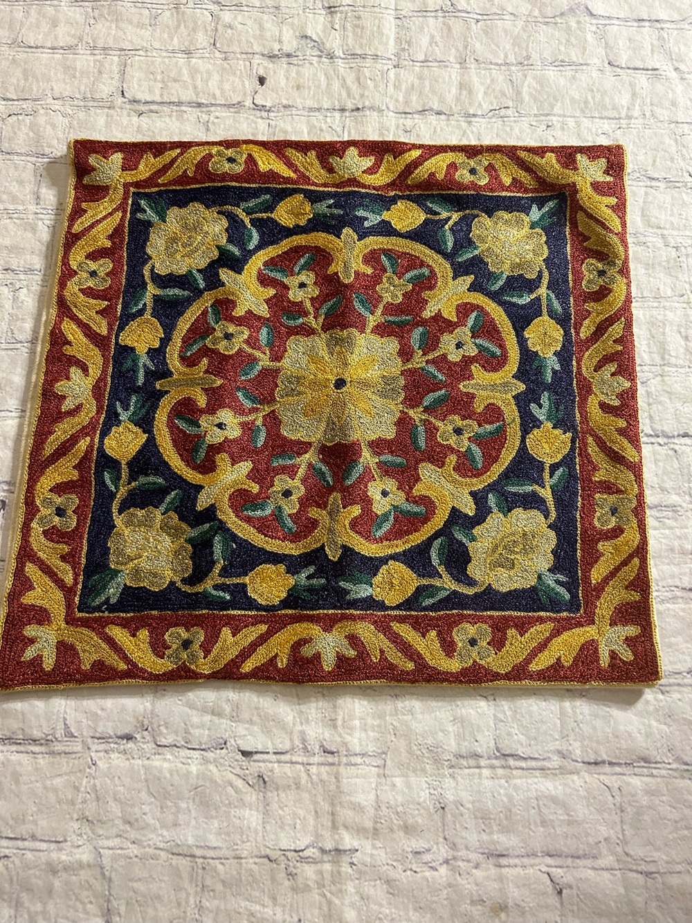 EMBROIDERED WOOL CHAIN-STITCH CUSHION/PILLOW COVER MEDALLION DESIGN